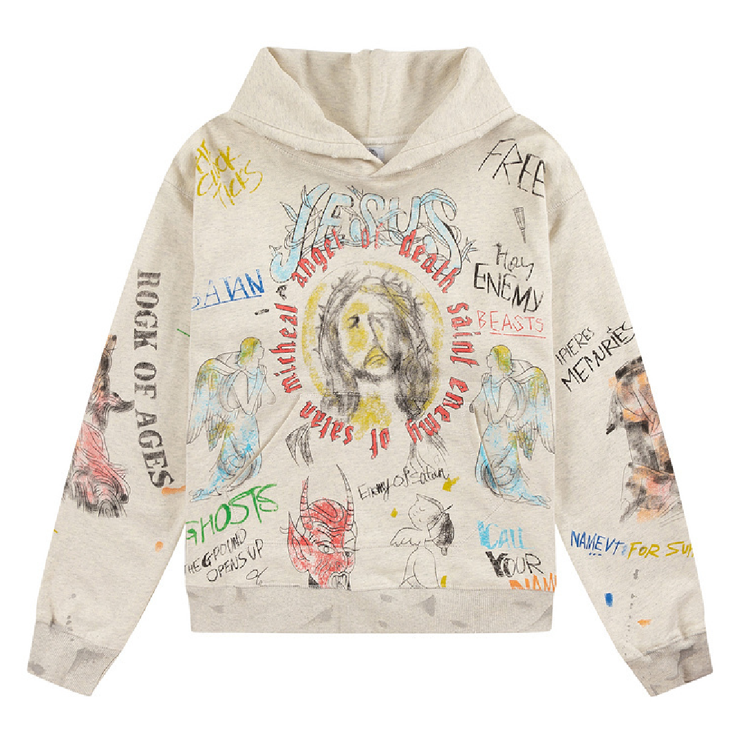 Arnodefrance Men Saint Graphic Hoodie – Apricot front SAINT Mxxxxxx Arnodefrance Men Hoodie - Image 1
