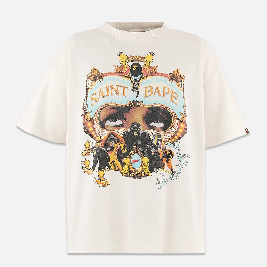 BAPE × SAINT Mxxxxxx Generation Graphic T-Shirt – White front BAPE X Saint Mxxxxxx Generation Tee White - Image 1