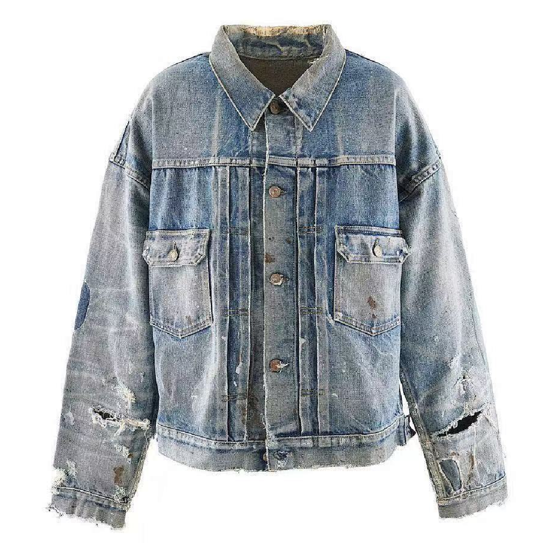 Junya Watanabe MAN Paint-Splatter Distressed Denim Jacket – Vintage Faded Style front Saint Michael ANCELLM DAMAGE DENIM JACKET - Image 1