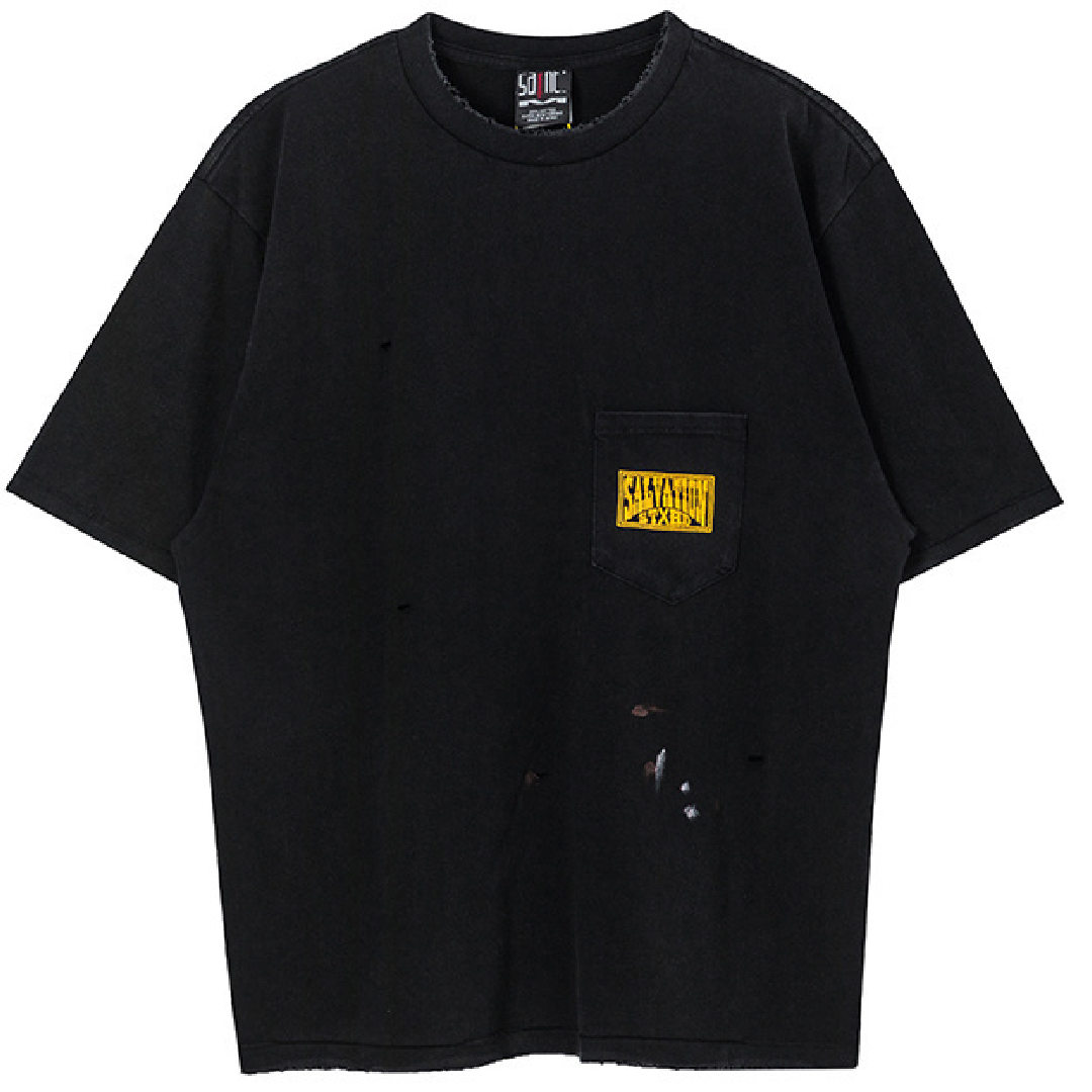 NEIGHBORHOOD × SAINT Mxxxxxx STHD Pocket T-Shirt – Vintage Black front SAINT Mxxxxxx × NEIGHBORHOOD STHD Pocket T-Shirt - Image 1