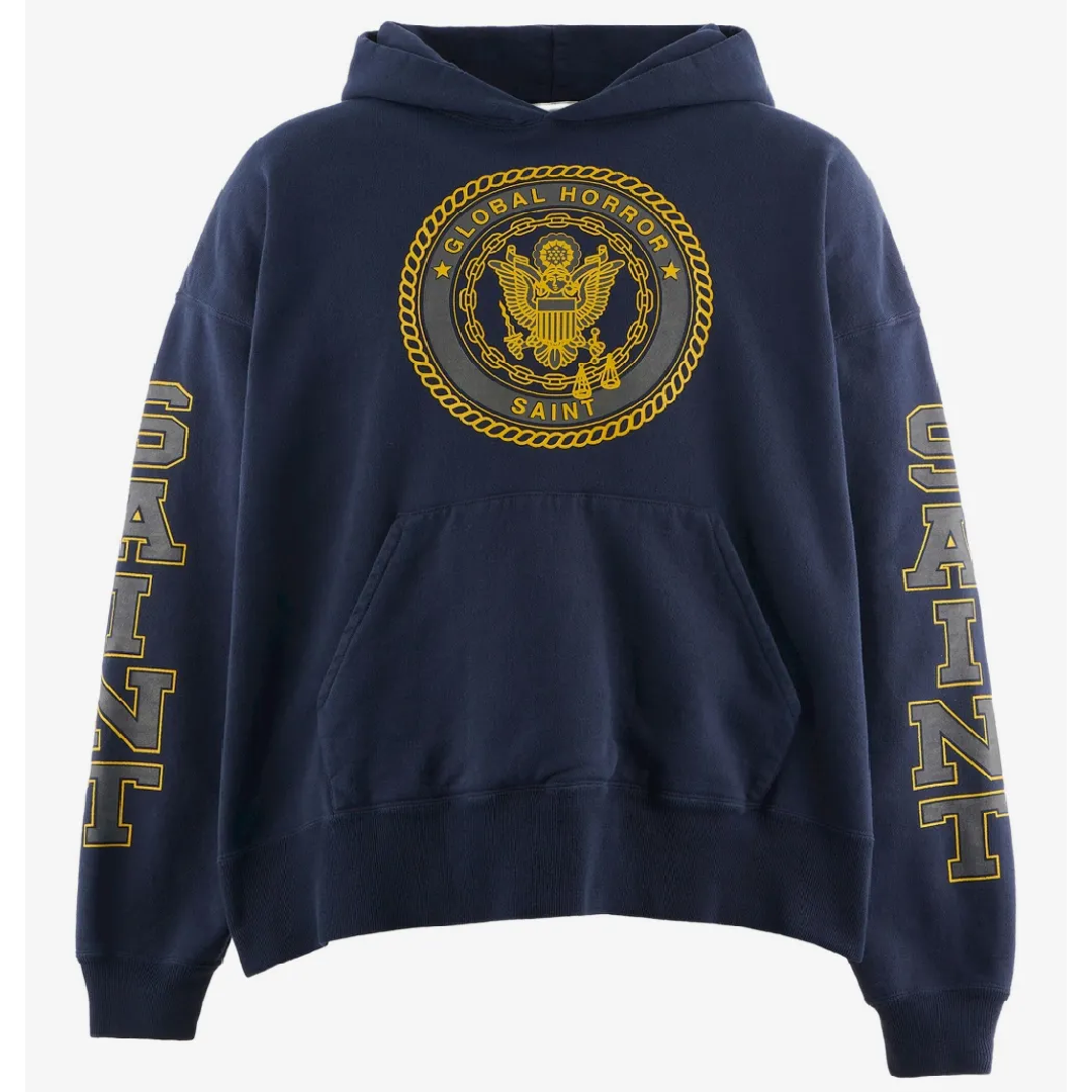 SAINT Mxxxxxx 2025AW Navy Hoodie Sweat Set front SAINT Mxxxxxx Global Horror Saint Hoodie - Image 1