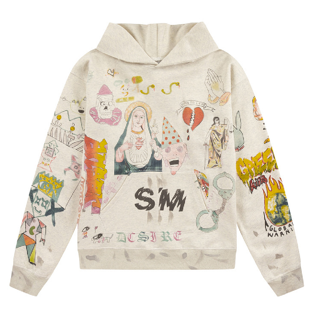 SAINT Mxxxxxx Graffiti Graphic Hoodie – Grey front SAINT Mxxxxxx Graffiti Hoodie - Image 1