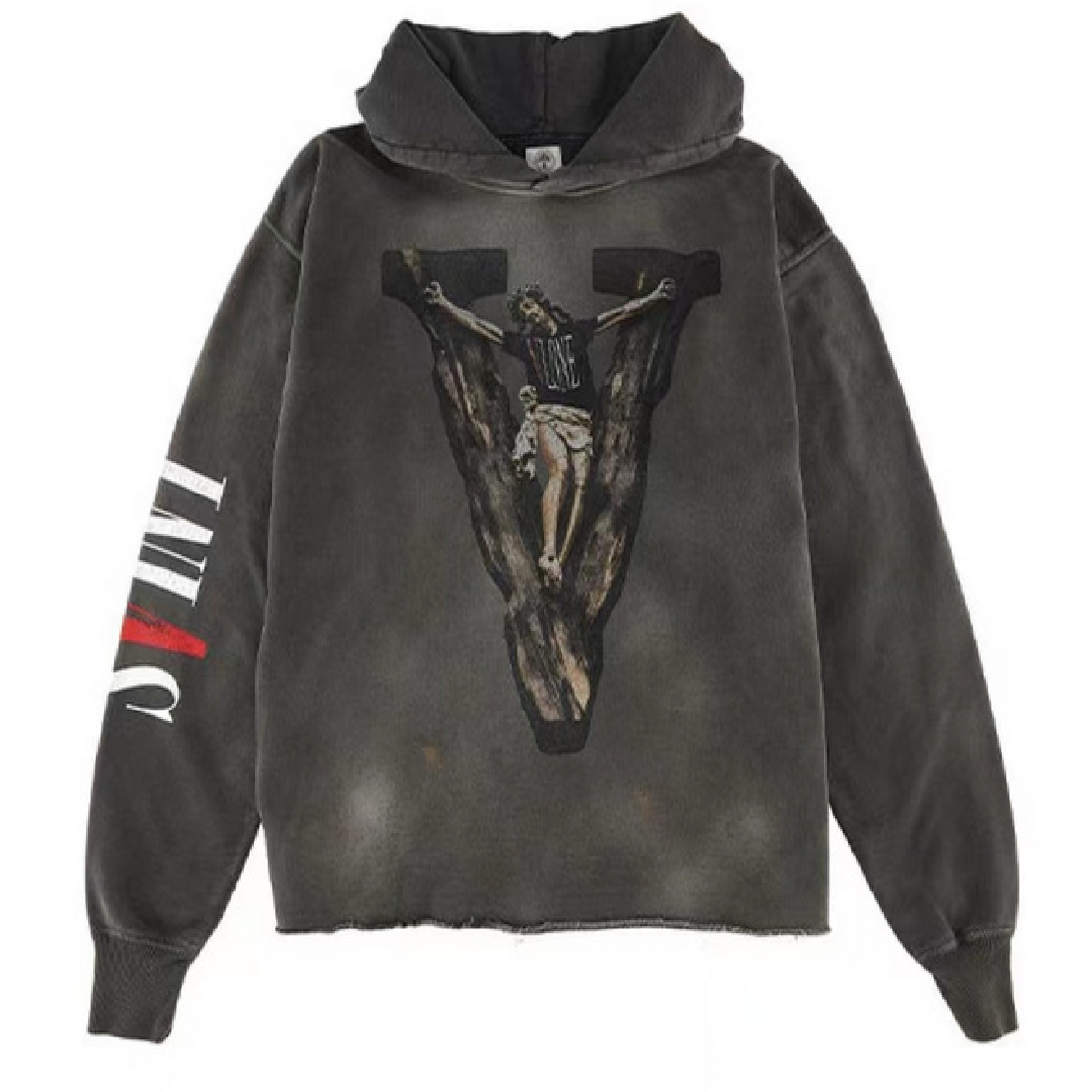 SAINT Mxxxxxx Grey Washed VLONE Jesus Graphic Hoodie front Saint Mxxxxxx x VLONE Hoodie - Image 1
