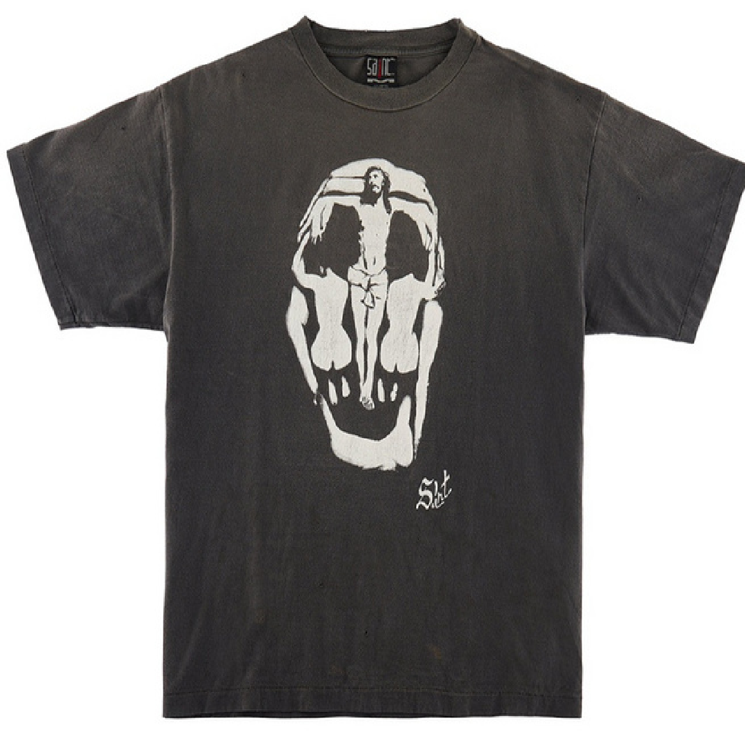 SAINT Mxxxxxx Jesus Skull Print Tee – Vintage Black fron Saint Mxxxxxx Jesus Skull Tee– Black - Image 1