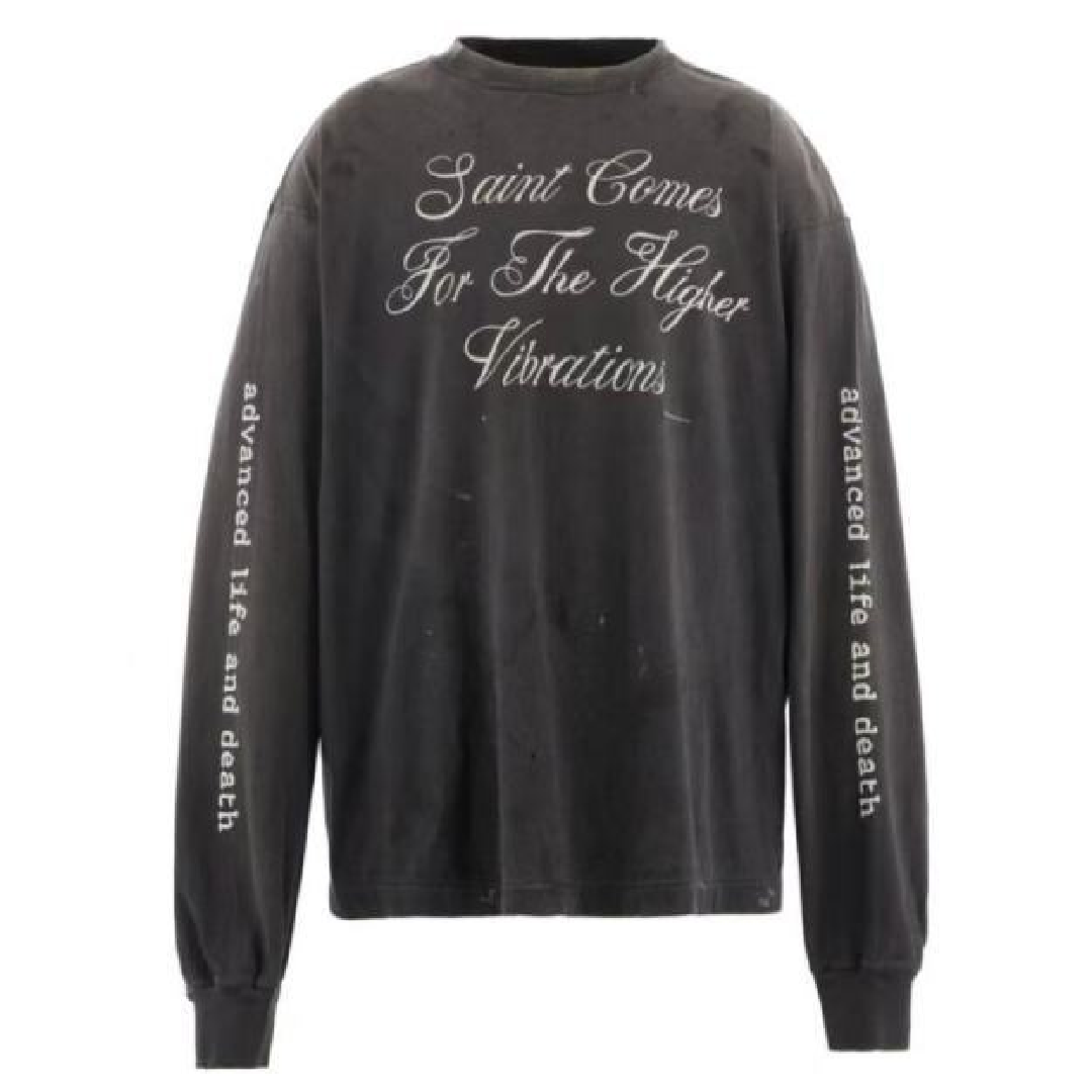 SAINT Mxxxxxx LS Tee Saint Comes – Black Graphic Long-Sleeve T-Shirt front SAINT Mxxxxxx Saint Comes For The Higher Vibrations T-Shirt - Image 1