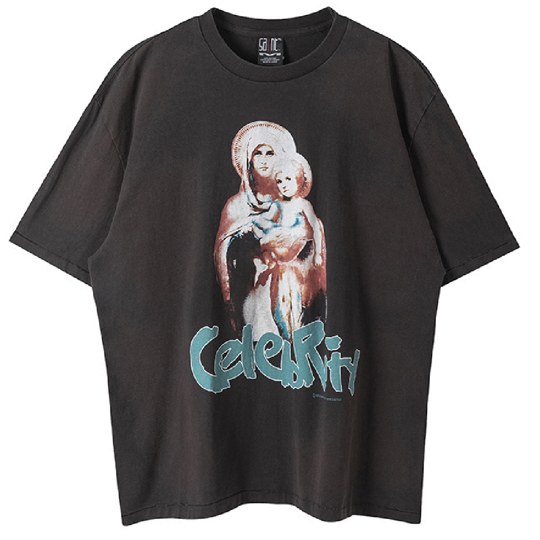 SAINT Mxxxxxx STR Maria Graphic T-Shirt – Vintage Black front (3) SAINT Mxxxxxx × SHERMER ACADEMY CELEBRITY Short-Sleeve T-shirt – Black - Image 1