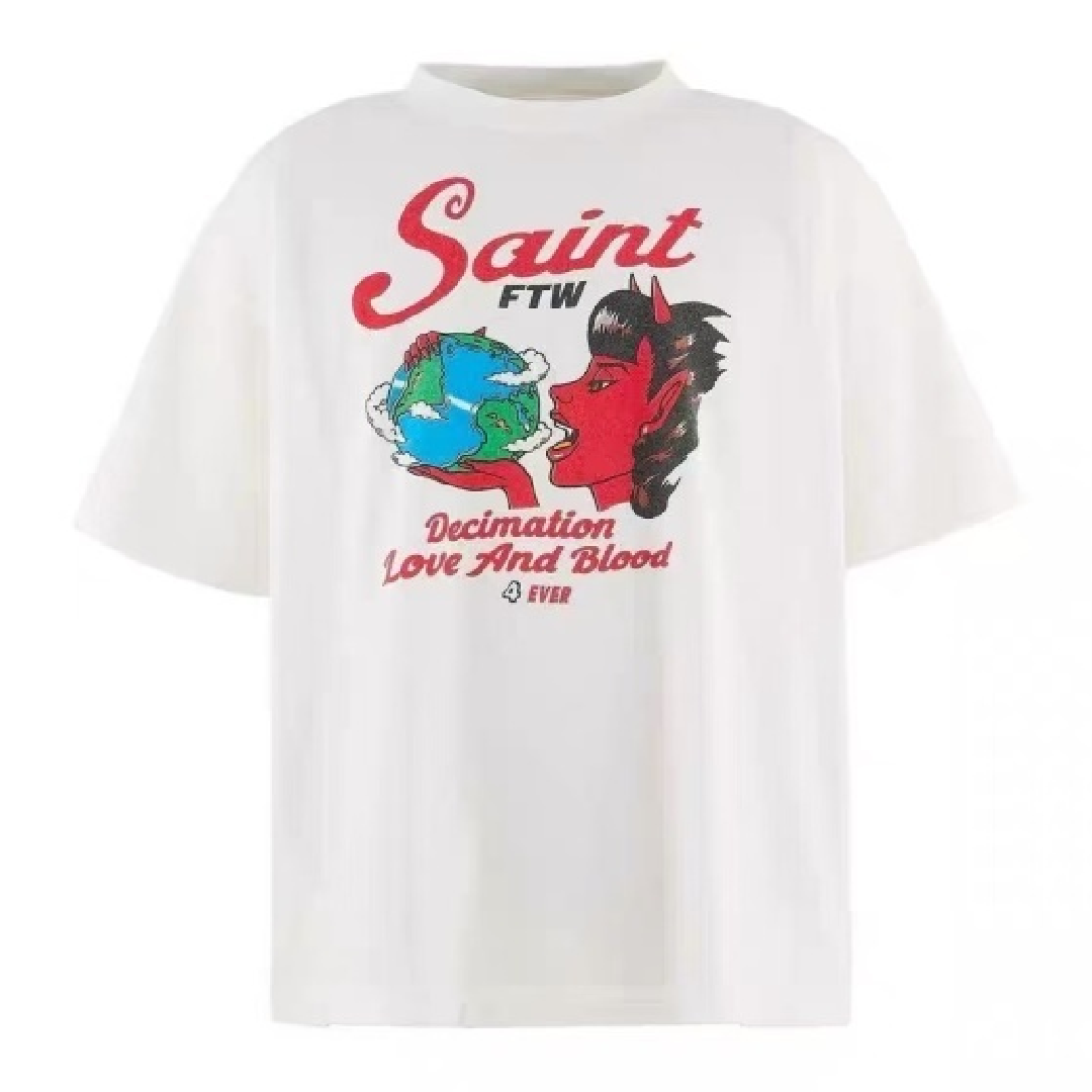 SAINT Mxxxxxx Saint Devil T-Shirt – White Premium Casual Style front SAINT Mxxxxxx Saint Devil T-Shirt – White - Image 1