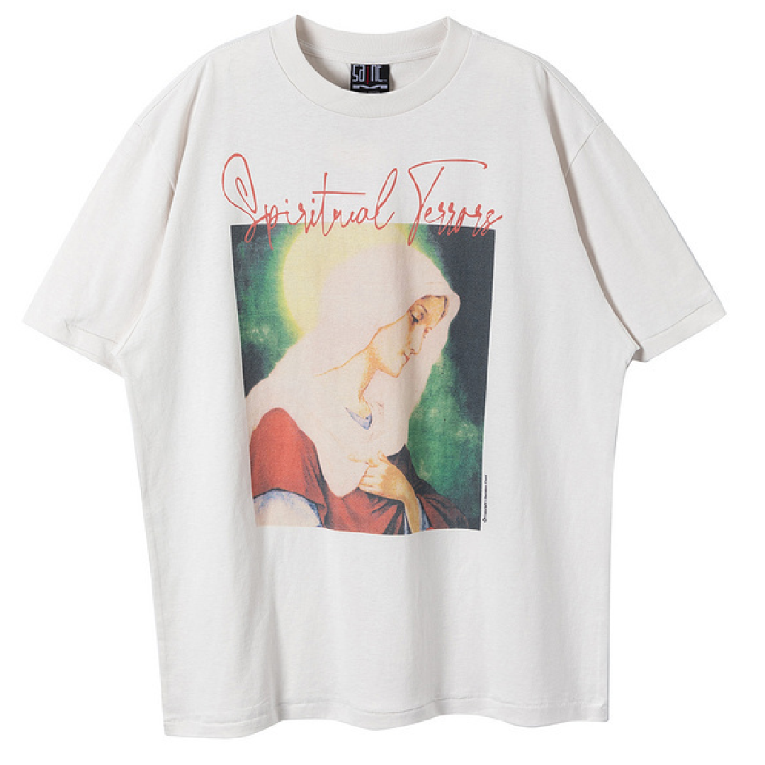 SAINT Mxxxxxx Spiritual Maria Graphic T-Shirt – Vintage White front SAINT Mxxxxxx Spiritual Maria T-Shirt – White - Image 1
