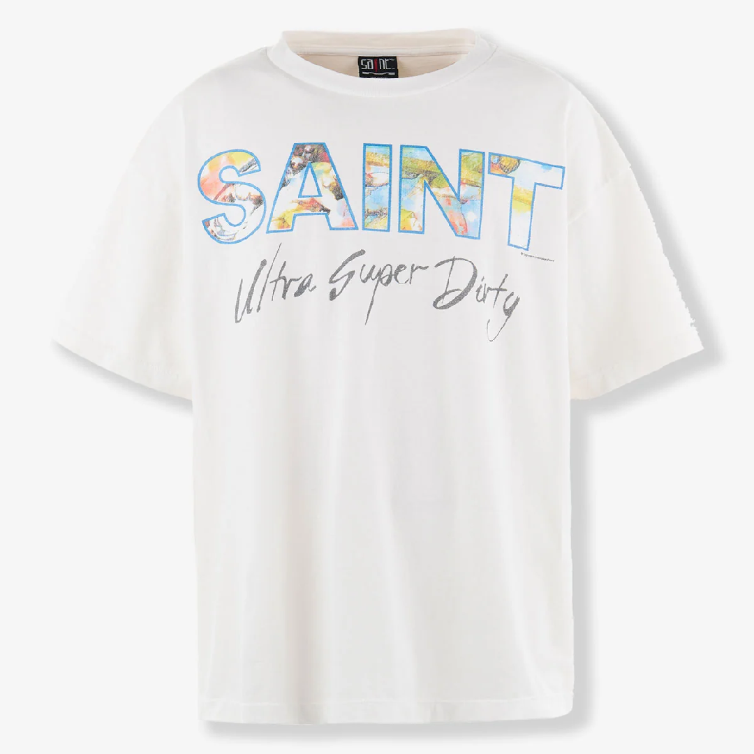 SAINT Mxxxxxx Super Dirty Graphic T-Shirt – White front SAINT Mxxxxxx Super Dirty T-Shirt – White - Image 1
