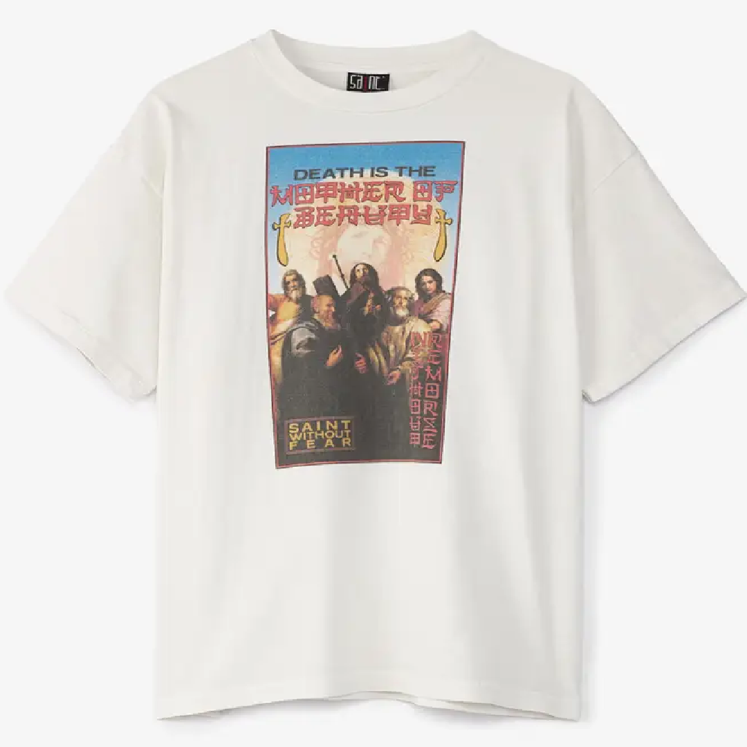 SAINT Mxxxxxx With Out Fear Graphic T-Shirt – White front SAINT Mxxxxxx X RK Without Fear T-Shirt – White - Image 1