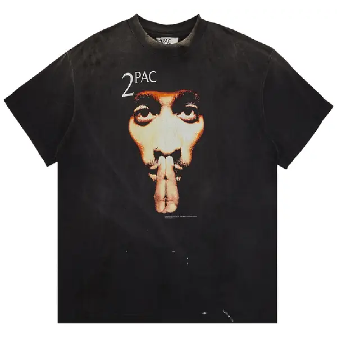 SAINT Mxxxxxx × 2PAC Black Graphic T-Shirt – Vintage Style front SAINT Mxxxxxx × 2PAC Black T-Shirt - Black - Image 1