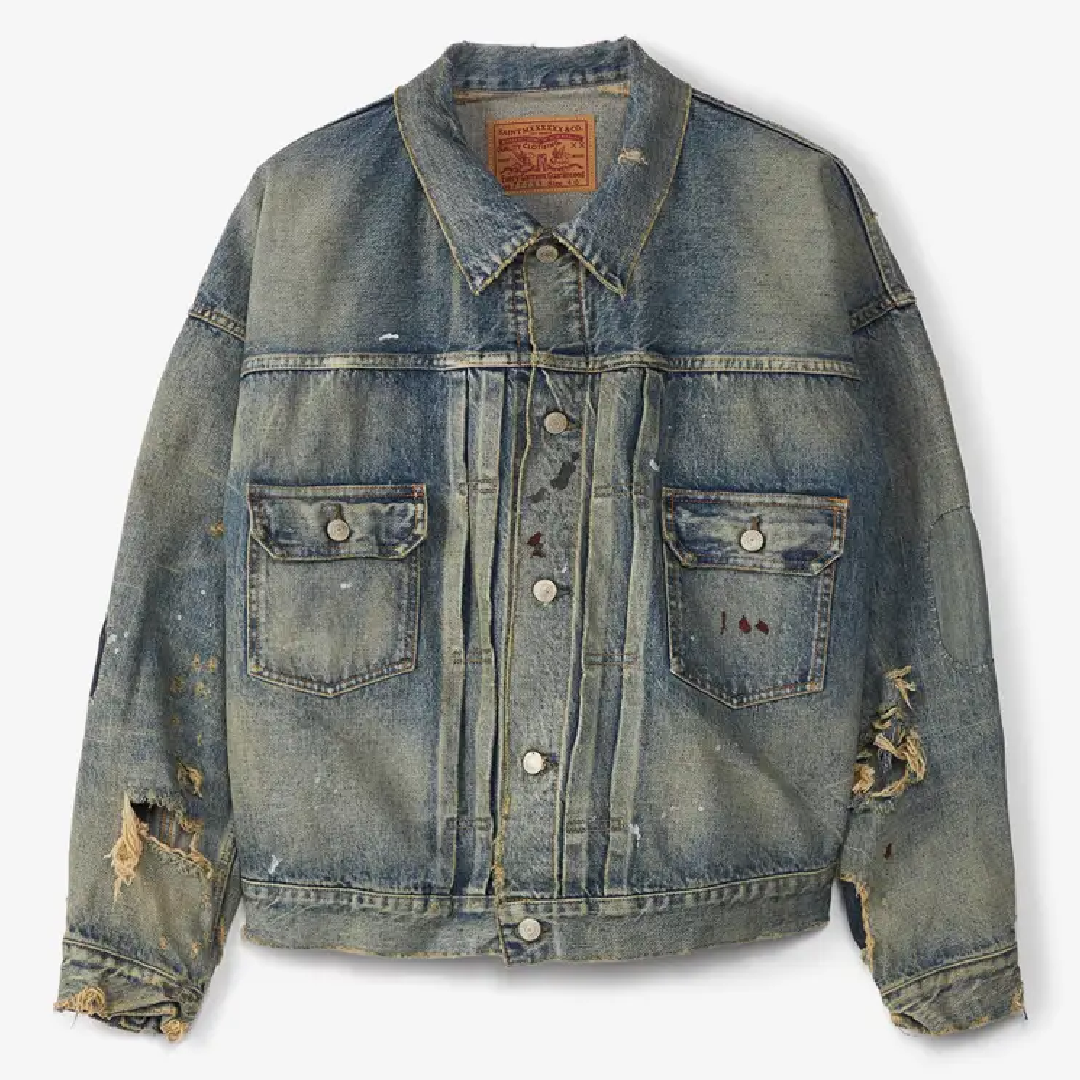 SAINT Mxxxxxx × BerBerJin Damage Denim Jacket – Blue front SAINT Mxxxxxx × BerBerJin Damage Denim Jacket - Image 1