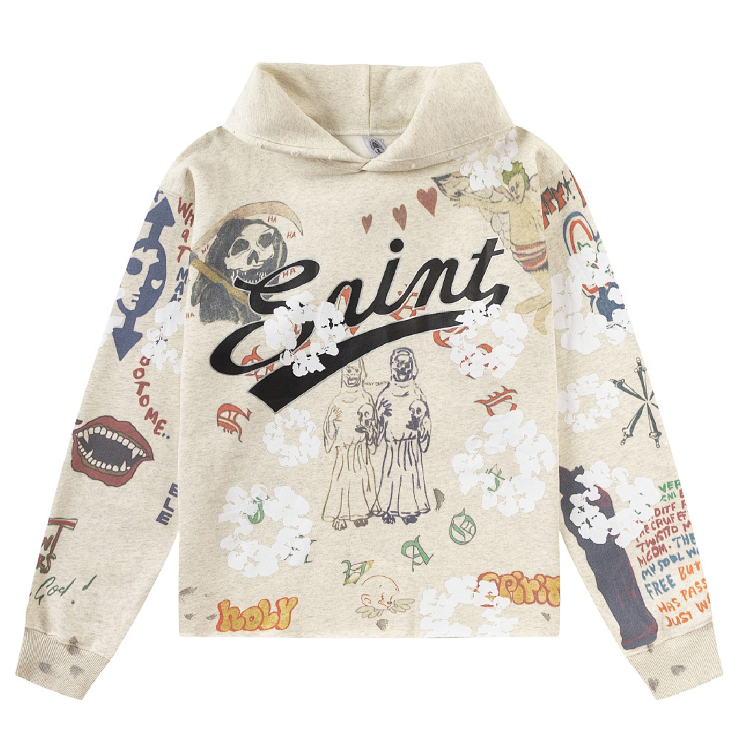 SAINT Mxxxxxx × Denim Tears Graffiti Hoodie – Grey front SAINT Mxxxxxx × Denim Tears Graffiti Hoodie - Image 1