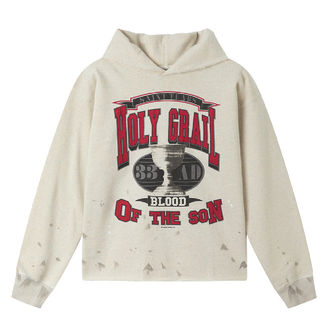 SAINT Mxxxxxx × Denim Tears Holy Grail Graphic Hoodie – Grey front SAINT Mxxxxxx × Denim Tears Holy Grail Hoodie - Image 1