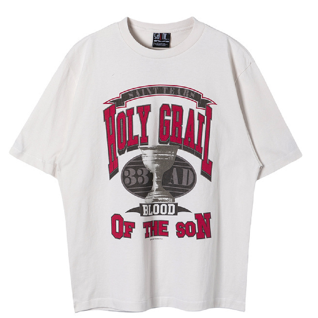 SAINT Mxxxxxx × Denim Tears Holy Grail Print Tee – Vintage White front SAINT Mxxxxxx × Denim Tears Holy Grail T-Shirt - Image 1