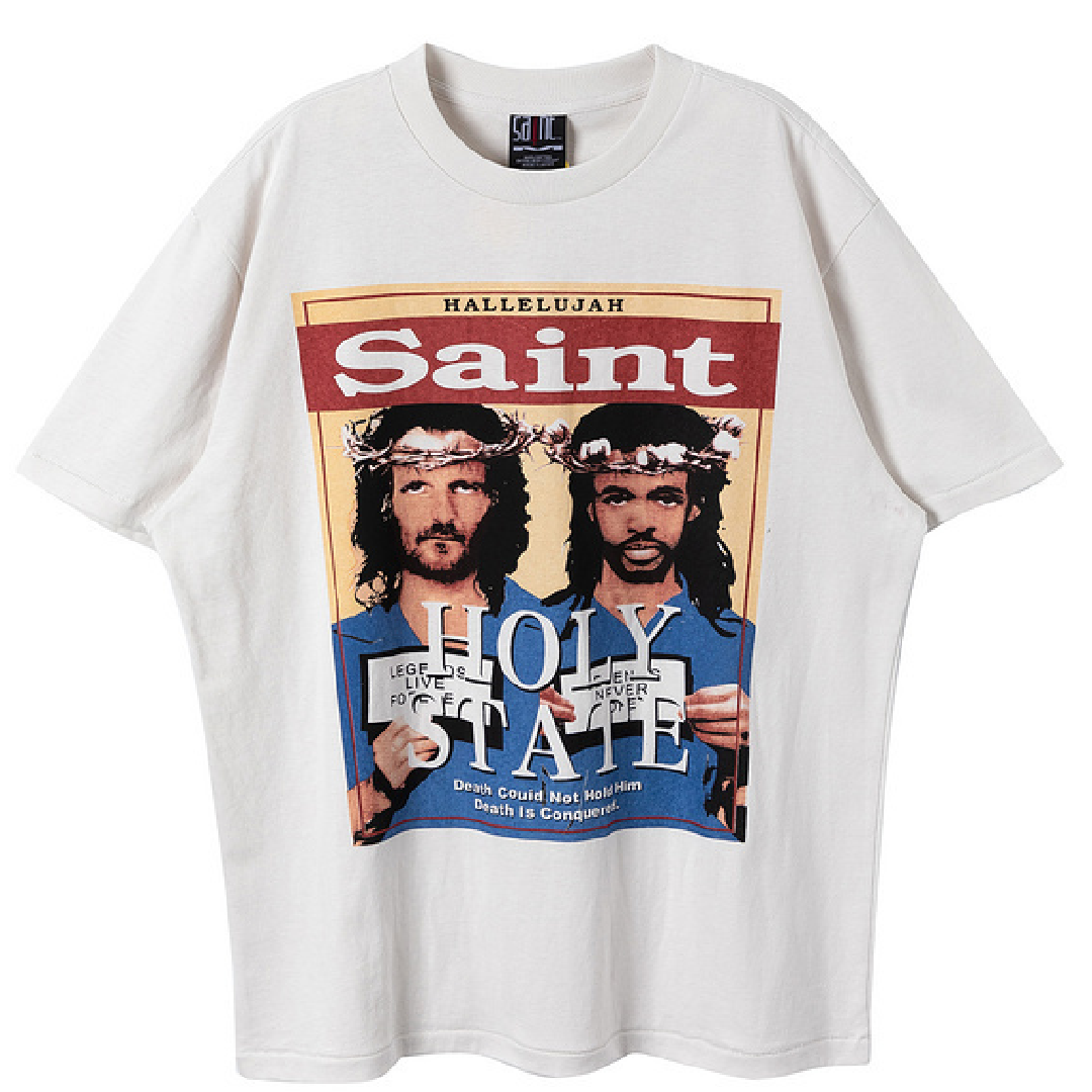 SAINT Mxxxxxx × Denim Tears Holy State Graphic T-Shirt – Vintage White front SAINT Mxxxxxx × Denim Tears Holy State T-Shirt - Image 1