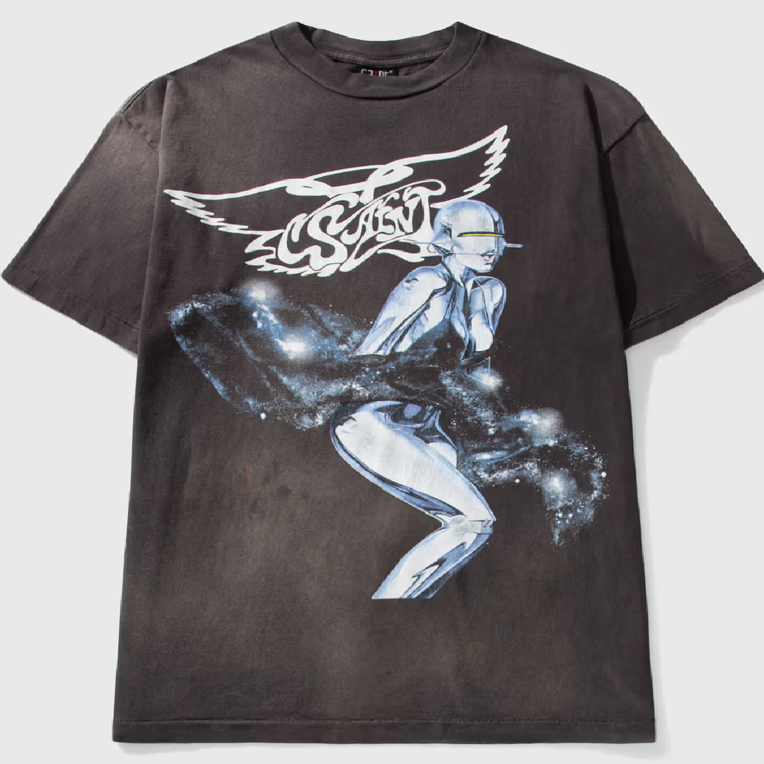 SAINT Mxxxxxx × Hajime Sorayama Graphic T-Shirt – Faded Black front SAINT MICHAEL X SORAYAMA T-SHIRT - Image 1