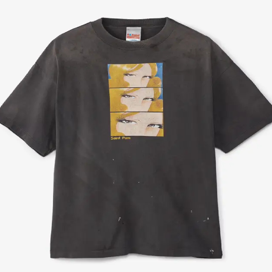 SAINT Mxxxxxx × P.A.M. Graphic T-Shirt – Charcoal front SAINT Mxxxxxx × P.A.M. (Perks And Mini) Short Sleeve T-Shirt - Image 1