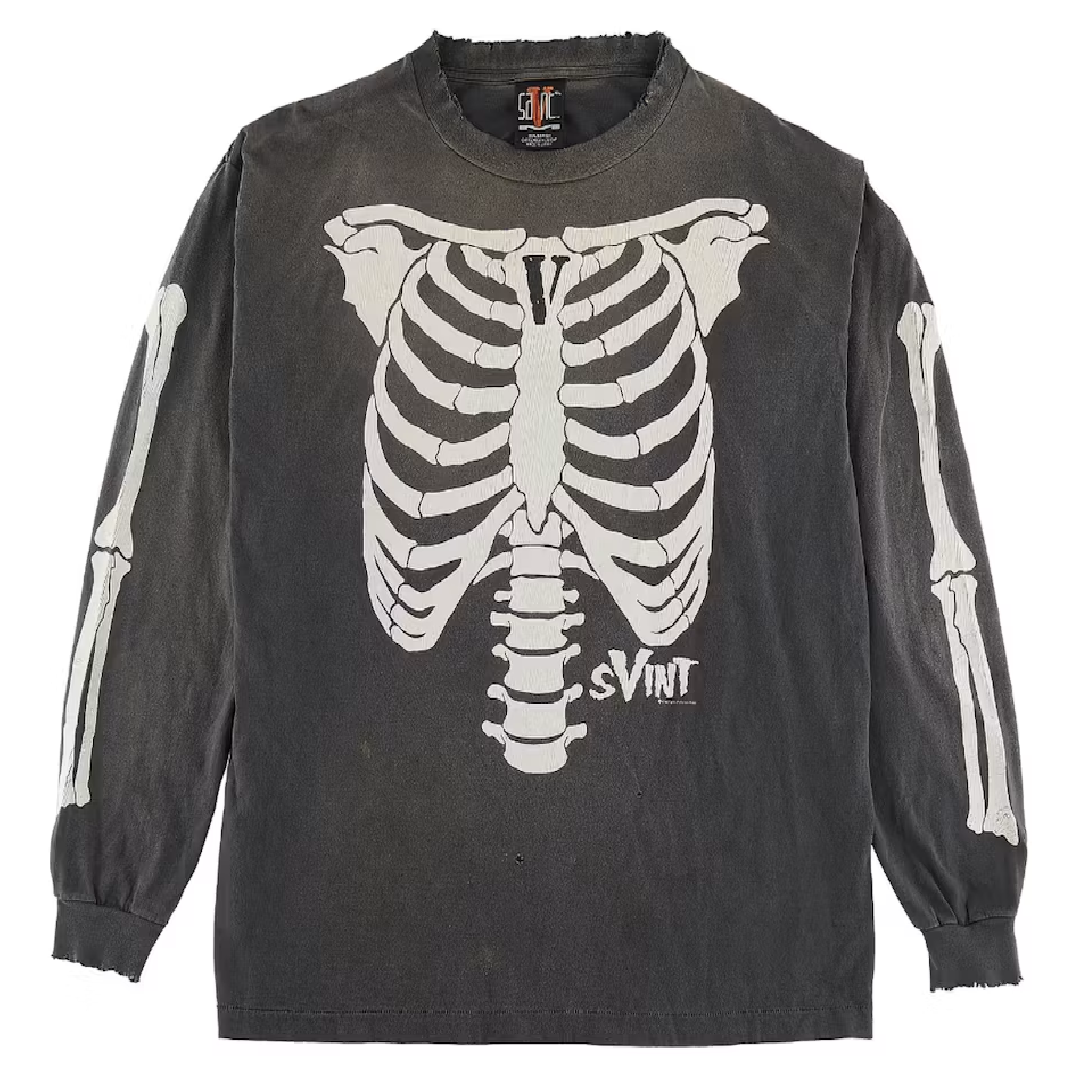 SAINT Mxxxxxx × VLONE Bone Graphic Long Sleeve T-Shirt – Black front SAINT Mxxxxxx × VLONE Bone Long Sleeve T-Shirt – Black - Image 1