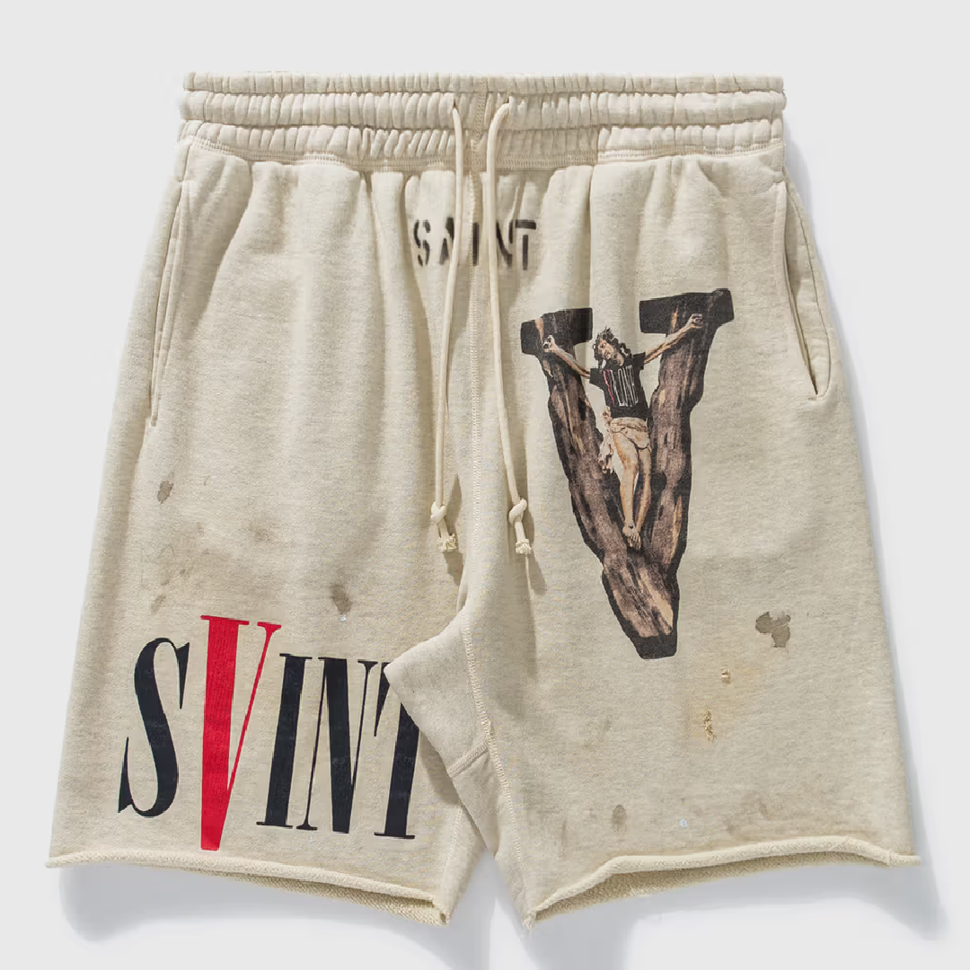SAINT Mxxxxxx × VLONE Logo Sweatshorts front SAINT Mxxxxxx × VLONE Logo Sweatshorts - Image 1